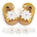 Vue détaillée de sandales jaunes pour bébés avec bandeau assorti à fleurs en dentelle. - 11cm/EUR17 / Ensemble Chaussures Et Bandeau / Jaune