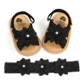 Vue détaillée de sandales noires pour bébé et bandeau à fleurs assorti pour tout-petits - 11cm/EUR17 / Ensemble Chaussures Et Bandeau / Noir