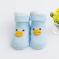 Adorable light blue infant socks featuring a cute embroidered 3D duck face and white wavy cuffs - Blue - Duck