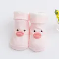 Soft pink combed cotton newborn socks with cute 3D duck face for 0-6 months - Pink-Duck