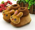 Detailed macro view of the 3D plush cartoon rabbit design on soft brown baby walking shoes - Size 12/11CM / Big Eye Rabbit-Coffee