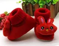 Close-up of red plush baby shoes with a cute 3D rabbit design and elastic ribbed cuffs. - Size 12/11CM / Big Eye Rabbit-Red