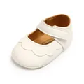 Detail view of white baby Mary Jane leather shoes with scalloped edges and velcro strap - Princess Shoes / 11cm / White
