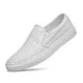 Atmungsaktive weiße Slipper aus perforiertem Leder für Herren mit flacher Gummisohle - 38 / Ausgehöhlter Stil / Weiß