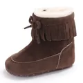 Close-up of brown infant winter snow boots with fringe and warm faux fur lining - Dark Brown