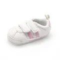 White baby walking sneakers with pink stripes and adjustable velcro straps detail - White Pink