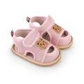 Detailed view of pink baby sandals with cute bear embroidery and breathable mesh fabric - Insole Length 11cm / Pink