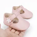 Macro view of pink baby girl walking shoes with soft sole and white flower detail - 11cm / Pink