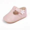 Detailed view of pink infant walking shoe with soft leather and white floral accent - Insole Length 11cm / Pink
