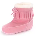 Detailed view of a pink suede baby snow boot featuring fringe trim and warm white plush lining - Pink