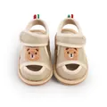 Detail of breathable beige mesh baby sandals with cute cartoon bear embroidery - 11cm / Khaki