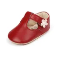 Red soft sole baby walker shoe for girls with a decorative pink flower detail. - Insole Length 11cm / Burgundy