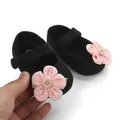 Detailweergave van zwarte baby-meisjesloopschoenen met roze geruite bloem en houten knoop. - Zwart roze