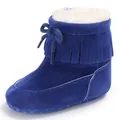 Detailed view of blue suede baby winter boots with fringe and soft fur lining - 11cm / Blue