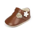 Detailed side view of brown leather baby girl walker shoes featuring a white flower - Coffee