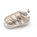 Metallic rose gold infant walking shoes with double velcro straps and white non-slip sole - Gold