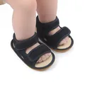 Close-up of black mesh baby walking shoes featuring anti-slip rubber soles and straps - 11cm / Blue