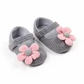 Détail de chaussures de marche pour bébé fille en tricot gris avec fleur rose - Floral Gris