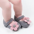 Close-up of gray knit baby princess walking shoes featuring cute pink floral decoration - 11cm / Flower Style / Gray