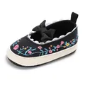 Elegante zwarte geborduurde loopschoen voor baby meisjes met bloemen en een leuke strik - Zwart
