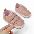 Detailed close-up of pink infant walking shoes featuring secure triple Velcro strap design - 11cm / Pink