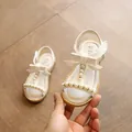 Princess sandals for little girls featuring elegant pearls and bow detail in cream white - White / 26