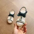 Elegant dark green girls' sandals with pearl decoration and bow accent for summer - 21 / Green
