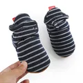 Close-up of striped blue winter fleece boots for infants aged 0-1 years old - 13cm (9-12Months) / Blue Gray