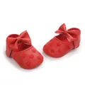 Macro view of red baby princess walking shoes with bow and heart embroidery details - 12CM/58g / Red