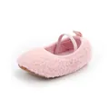 Side view detail of pink fuzzy baby walking shoes with elastic strap and soft sole - Inner Length 11cm / Pink