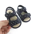 Macro view of navy blue baby sandals featuring triangle pattern and soft cream sole - 11cm / Blue