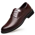 Premium men's brown perforated leather dress shoes with breathable lace-up design for business - 38 / Brown