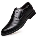 Classic black men's hollow-out leather dress shoes with breathable mesh for summer - 38 / Black