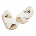 Close-up view of white cross-strap baby pre-walker sandals with soft tan soles - 11CM/38g / White