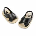 Close-up of black faux leather baby sandals with cross-strap design and tan soft soles - 11CM/38g / Black