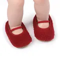 Cute red fuzzy baby Mary Jane walking shoes with elastic strap for infant girls. - Red
