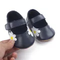 Detail of navy blue infant walking shoes with daisy pattern for 0-1 year old babies - Blue