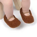 Cozy brown teddy fleece baby walking shoes featuring a secure elastic Mary Jane strap - Coffee