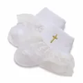 Elegant white baby socks featuring lace ruffles and gold cross embroidery for baptism - Gold Cross Embroidered Lace Socks / 0-1 Year One Size / White