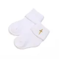 Close-up view of soft white baby socks with detailed golden cross embroidery on the cuff - Gold Cross Embroidered Fold-Over Socks / 0-1 Year One Size / White