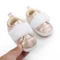Detailed view of rose gold baby girl princess walking shoes featuring white faux fur trim - 11cm/Size 12 / Rose Gold