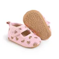 Close-up detail of pink baby prewalker shoes with heart pattern and anti-slip rubber sole. - 11cm (0-6 Months) / Pink