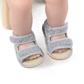 Detailed view of grey patterned baby sandals with adjustable straps and rubber soles - 11cm / Triangle Print Style (2095) / Gray