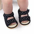 Close-up of navy baby walking sandals with white triangle pattern and Velcro straps. - 11cm / Triangle Print Style (2095) / Dark Blue