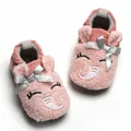 Detailed view of pink cartoon elephant baby shoes with soft fleece and silver ribbon accents - 11cm / Pink Elephant