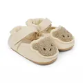 Close-up of beige infant walking shoes featuring a soft plush teddy bear face design. - 11cm / Cartoon Bear Style (1548) / Apricot