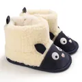 Detailweergave van de zachte baby sneeuwlaarzen met schaap-ontwerp en marineblauwe zool - Blauw Goud
