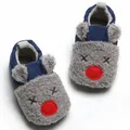Close-up detail of soft warm cartoon baby shoes featuring grey sherpa and blue fabric - 11cm / Grey Reindeer