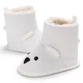 Nahaufnahme der weißen Bären-Baby-Strickstiefel mit warmem Futter und weicher Sohle - Weiß