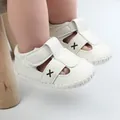 Soft white textured faux leather baby sandals featuring velcro straps and X-stitch detail - White